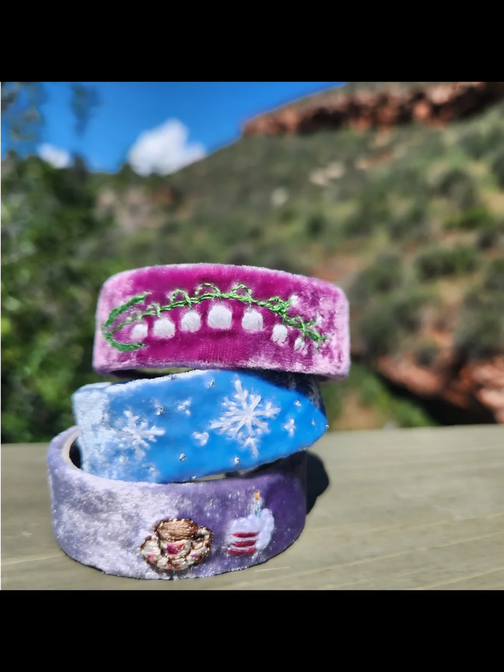Velvet Blue Snowflake Cuff Bracelet Hand Embroidered